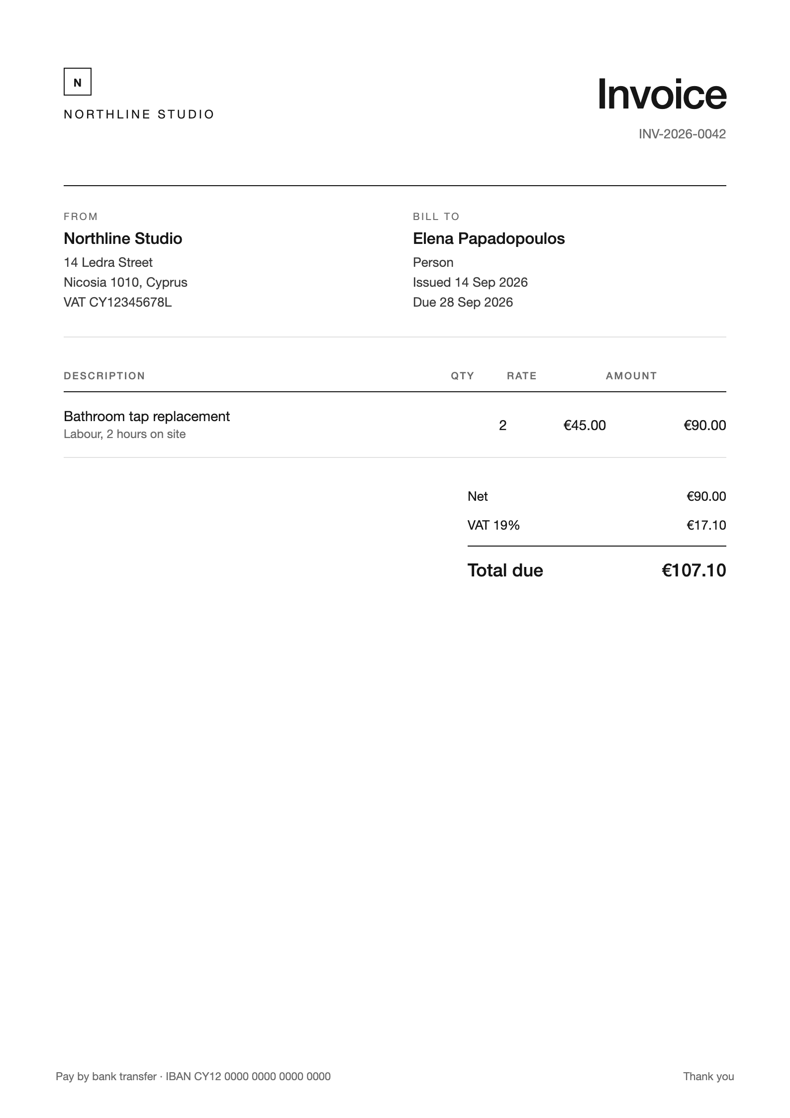Invoice for a bathroom tap replacement, total due 107 euros 10.